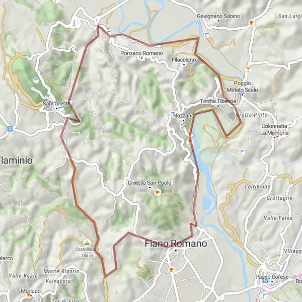 Miniatura della mappa di ispirazione al ciclismo "Percorso in bicicletta sterrato da Fiano Romano a Sant'Oreste" nella regione di Lazio, Italy. Generata da Tarmacs.app, pianificatore di rotte ciclistiche