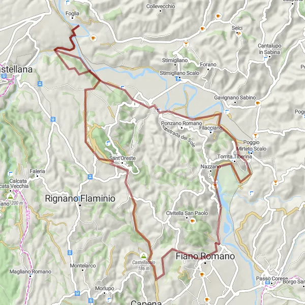 Miniatura della mappa di ispirazione al ciclismo "Esplorando i Monti Sabatini" nella regione di Lazio, Italy. Generata da Tarmacs.app, pianificatore di rotte ciclistiche