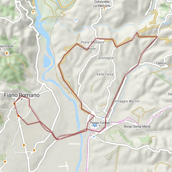 Map miniature of "Fiano Romano Gravel Route" cycling inspiration in Lazio, Italy. Generated by Tarmacs.app cycling route planner