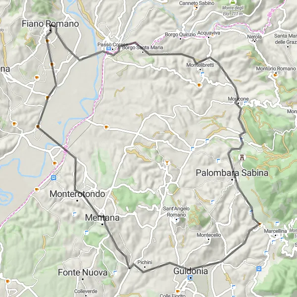 Map miniature of "Fiano Romano Hill Ride" cycling inspiration in Lazio, Italy. Generated by Tarmacs.app cycling route planner