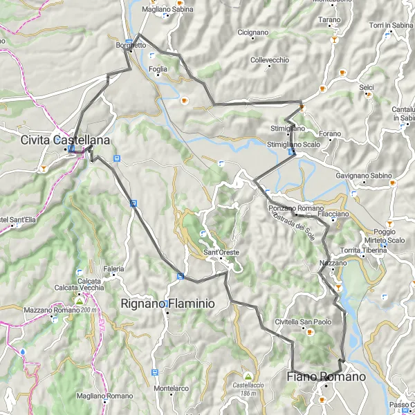 Miniatura della mappa di ispirazione al ciclismo "Giro in bici da Fiano Romano" nella regione di Lazio, Italy. Generata da Tarmacs.app, pianificatore di rotte ciclistiche