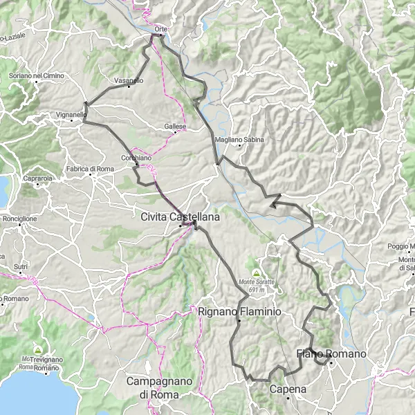 Map miniature of "Fiano Romano Scenic Road Route" cycling inspiration in Lazio, Italy. Generated by Tarmacs.app cycling route planner