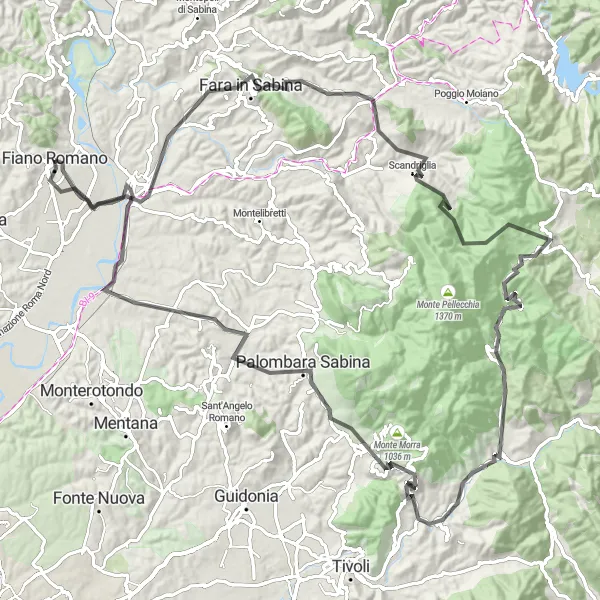 Map miniature of "Fiano Romano Hilly Road Route" cycling inspiration in Lazio, Italy. Generated by Tarmacs.app cycling route planner