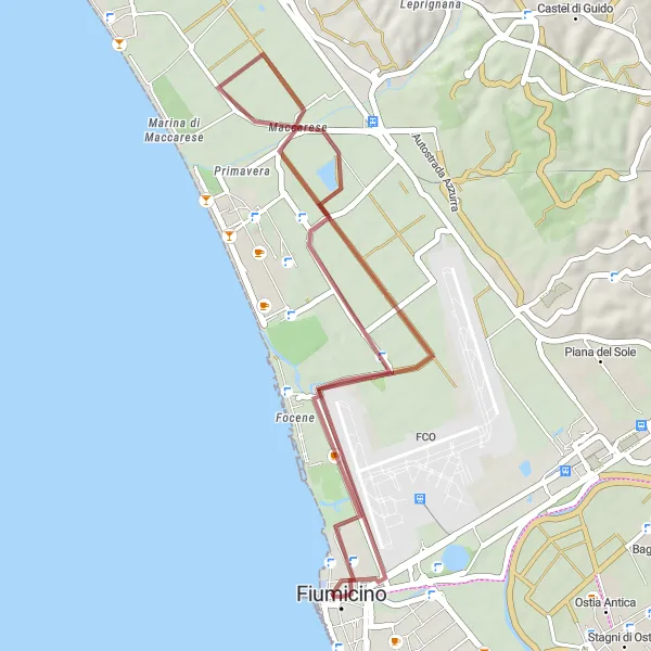 Map miniature of "The Beach Ride" cycling inspiration in Lazio, Italy. Generated by Tarmacs.app cycling route planner