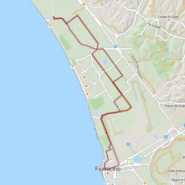 Map miniature of "Coastal Gravel Adventure" cycling inspiration in Lazio, Italy. Generated by Tarmacs.app cycling route planner