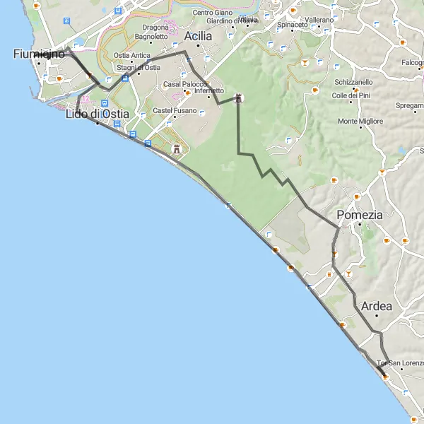 Map miniature of "Hills and Coast Road Cycling" cycling inspiration in Lazio, Italy. Generated by Tarmacs.app cycling route planner