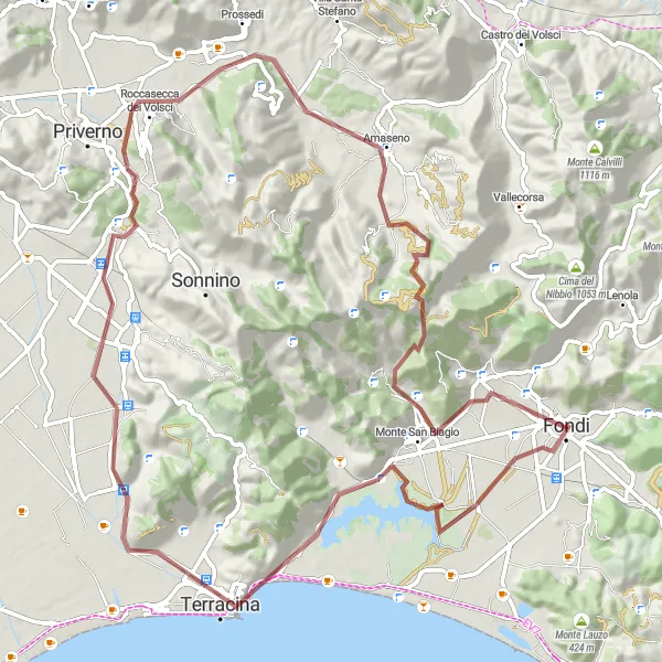 Map miniature of "Gravel: Fondi - Terracina - Amaseno" cycling inspiration in Lazio, Italy. Generated by Tarmacs.app cycling route planner