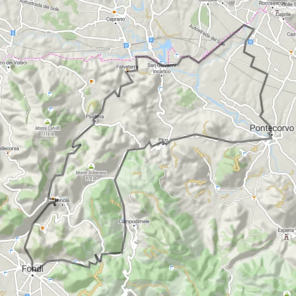 Miniatura della mappa di ispirazione al ciclismo "Giro in bicicletta intorno a Fondi" nella regione di Lazio, Italy. Generata da Tarmacs.app, pianificatore di rotte ciclistiche