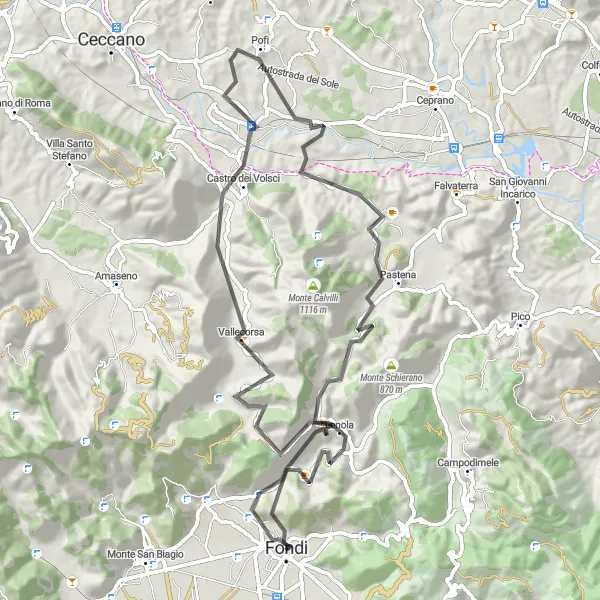 Miniatura della mappa di ispirazione al ciclismo "Giro in bicicletta da Fondi a Monte Chiavino" nella regione di Lazio, Italy. Generata da Tarmacs.app, pianificatore di rotte ciclistiche