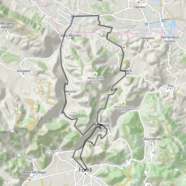 Miniatura della mappa di ispirazione al ciclismo "Giro in Bici da Strada tra Lenola e Monte Cogliamele" nella regione di Lazio, Italy. Generata da Tarmacs.app, pianificatore di rotte ciclistiche