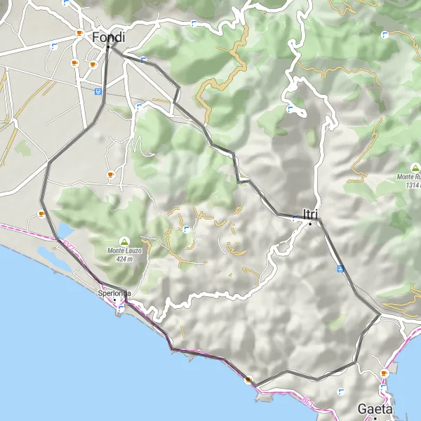Map miniature of "Coastal Delight" cycling inspiration in Lazio, Italy. Generated by Tarmacs.app cycling route planner