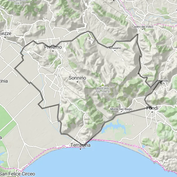 Miniatura della mappa di ispirazione al ciclismo "Giro in bicicletta da Fondi a Monte Chiavino" nella regione di Lazio, Italy. Generata da Tarmacs.app, pianificatore di rotte ciclistiche