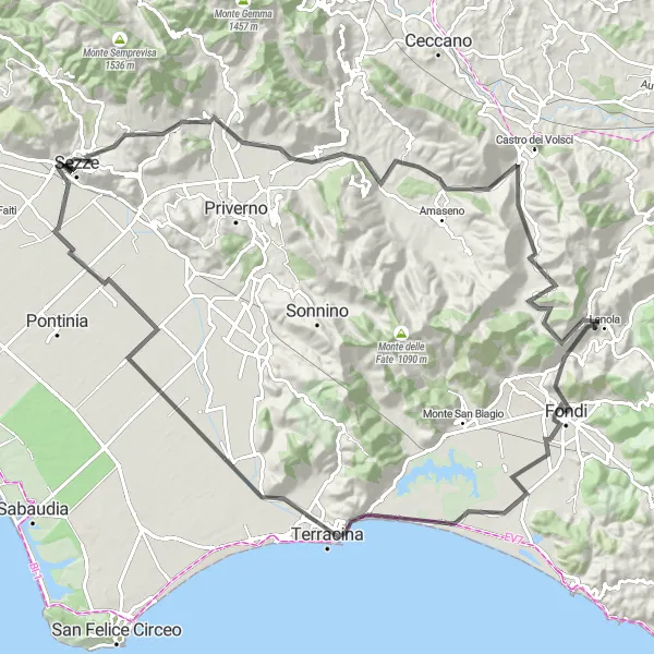 Map miniature of "Fondi to Lenola Loop" cycling inspiration in Lazio, Italy. Generated by Tarmacs.app cycling route planner