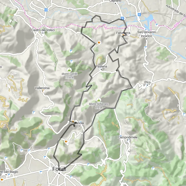 Map miniature of "Fondi to Falvaterra Circuit" cycling inspiration in Lazio, Italy. Generated by Tarmacs.app cycling route planner