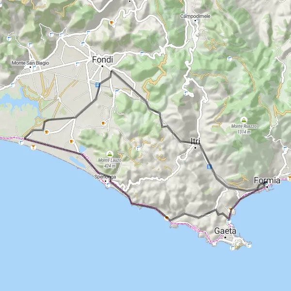 Miniatura della mappa di ispirazione al ciclismo "Il giro dei monti costieri" nella regione di Lazio, Italy. Generata da Tarmacs.app, pianificatore di rotte ciclistiche