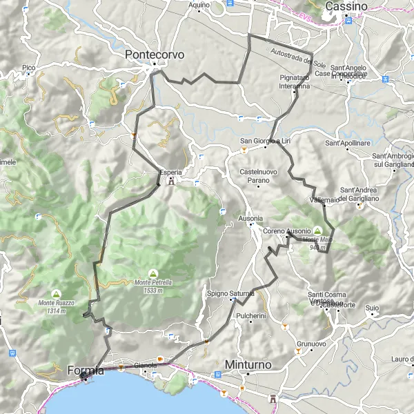 Miniatura della mappa di ispirazione al ciclismo "Passeggiata ciclistica da Formia a Coreno Ausonio" nella regione di Lazio, Italy. Generata da Tarmacs.app, pianificatore di rotte ciclistiche