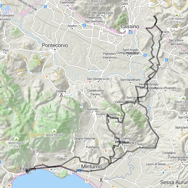 Map miniature of "Formia to Castelforte" cycling inspiration in Lazio, Italy. Generated by Tarmacs.app cycling route planner