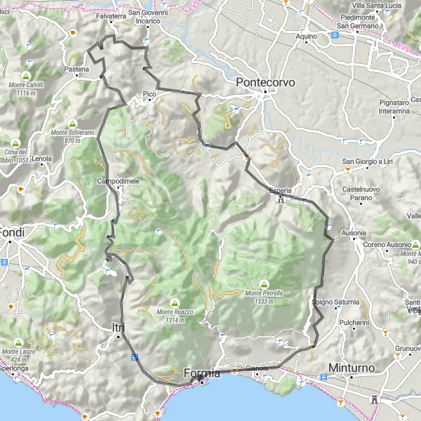Miniatura della mappa di ispirazione al ciclismo "Tour ciclistico da Formia a Falvaterra" nella regione di Lazio, Italy. Generata da Tarmacs.app, pianificatore di rotte ciclistiche