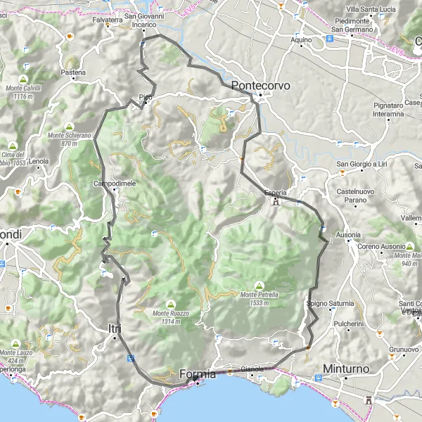 Miniatura della mappa di ispirazione al ciclismo "Tra natura e storia: il giro dei monti circostanti" nella regione di Lazio, Italy. Generata da Tarmacs.app, pianificatore di rotte ciclistiche