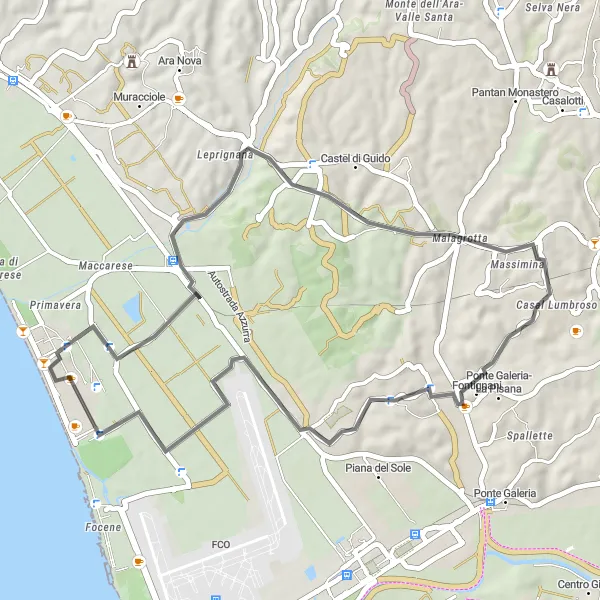 Map miniature of "Fregene - Ponte Galeria-La Pisana loop" cycling inspiration in Lazio, Italy. Generated by Tarmacs.app cycling route planner