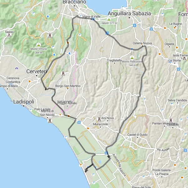 Map miniature of "Maccarese to Leprignana" cycling inspiration in Lazio, Italy. Generated by Tarmacs.app cycling route planner
