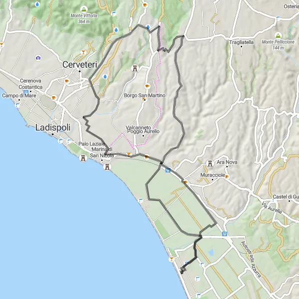 Map miniature of "Countryside Loop and Coastal Delights" cycling inspiration in Lazio, Italy. Generated by Tarmacs.app cycling route planner