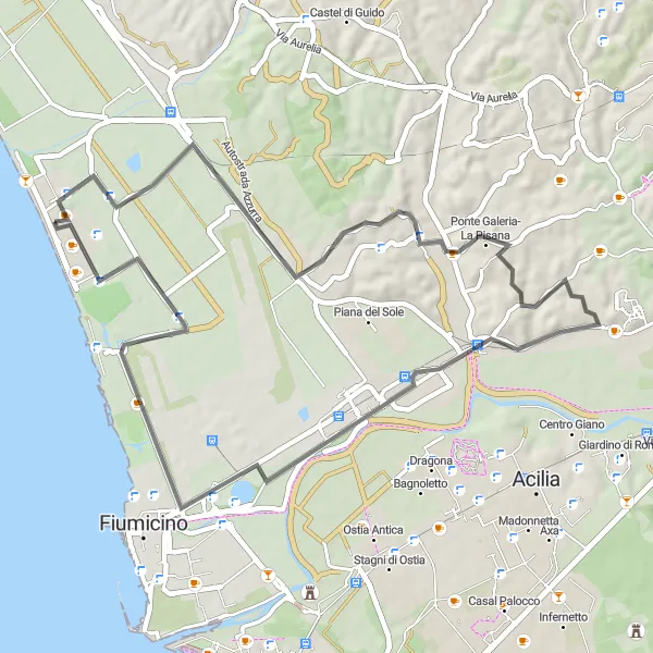 Map miniature of "Ponte Galeria-La Pisana Circuit" cycling inspiration in Lazio, Italy. Generated by Tarmacs.app cycling route planner