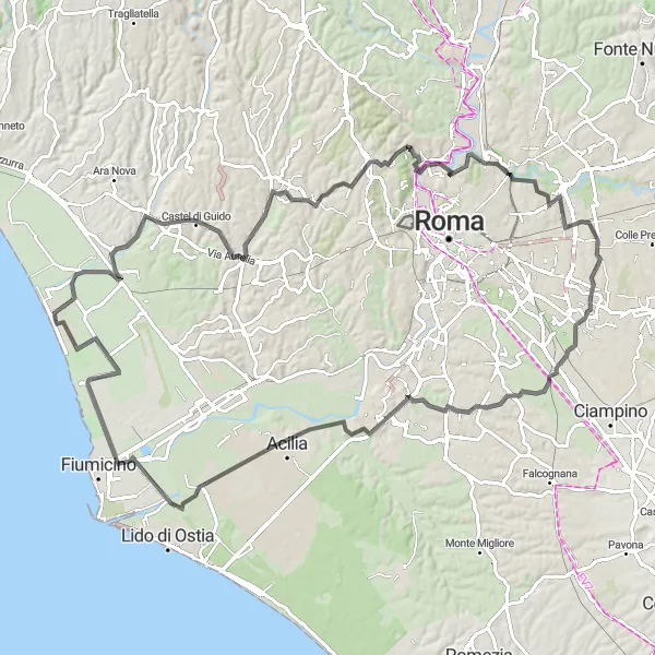 Map miniature of "Coastal Scenery and Historical Treasures" cycling inspiration in Lazio, Italy. Generated by Tarmacs.app cycling route planner