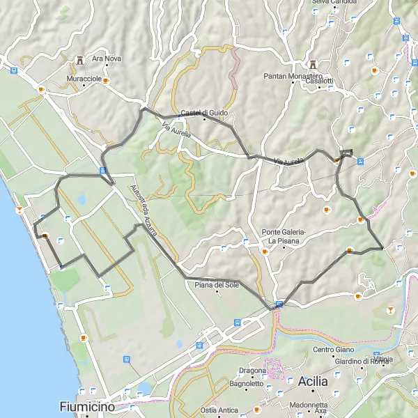 Map miniature of "Maccarese to Ponte Galeria" cycling inspiration in Lazio, Italy. Generated by Tarmacs.app cycling route planner