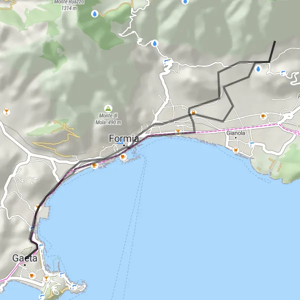 Miniatura della mappa di ispirazione al ciclismo "Gaeta - Formia - Castellonorato - Gaeta" nella regione di Lazio, Italy. Generata da Tarmacs.app, pianificatore di rotte ciclistiche