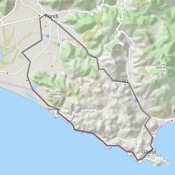 Map miniature of "Coastal and Hilly Tour" cycling inspiration in Lazio, Italy. Generated by Tarmacs.app cycling route planner