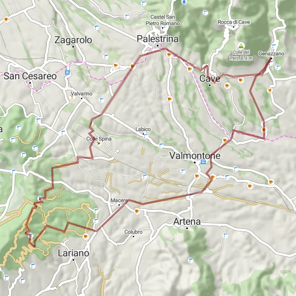 Map miniature of "Valmontone Gravel Adventure" cycling inspiration in Lazio, Italy. Generated by Tarmacs.app cycling route planner