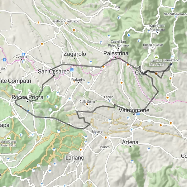 Map miniature of "Colle La Signoretta to Valmontone Adventure" cycling inspiration in Lazio, Italy. Generated by Tarmacs.app cycling route planner