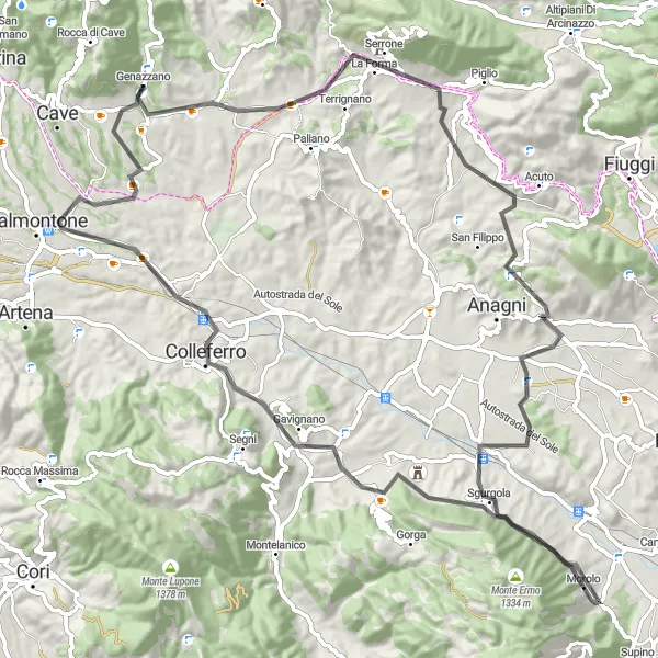 Map miniature of "Genazzano to Valmontone Loop" cycling inspiration in Lazio, Italy. Generated by Tarmacs.app cycling route planner