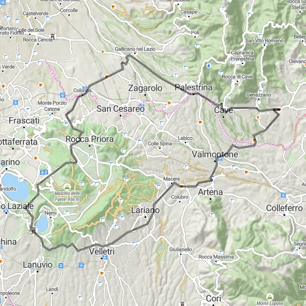 Miniatura della mappa di ispirazione al ciclismo "Sfida sul Monte Cavo" nella regione di Lazio, Italy. Generata da Tarmacs.app, pianificatore di rotte ciclistiche