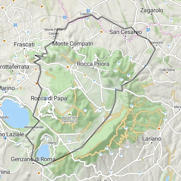 Miniatura della mappa di ispirazione al ciclismo "Tra i Monti Tuscolo e Secco" nella regione di Lazio, Italy. Generata da Tarmacs.app, pianificatore di rotte ciclistiche