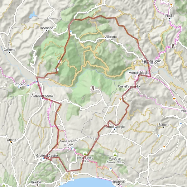 Miniatura della mappa di ispirazione al ciclismo "Avventuroso giro in bicicletta intorno a Grotte di Castro" nella regione di Lazio, Italy. Generata da Tarmacs.app, pianificatore di rotte ciclistiche