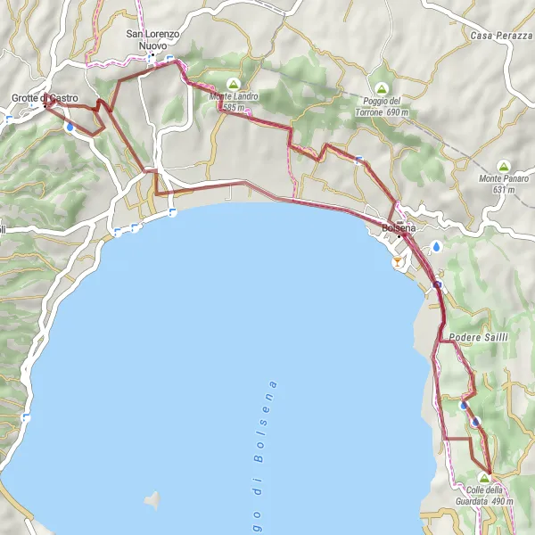 Miniatura della mappa di ispirazione al ciclismo "Grotte di Castro - Monte Gallo Gravel Loop" nella regione di Lazio, Italy. Generata da Tarmacs.app, pianificatore di rotte ciclistiche
