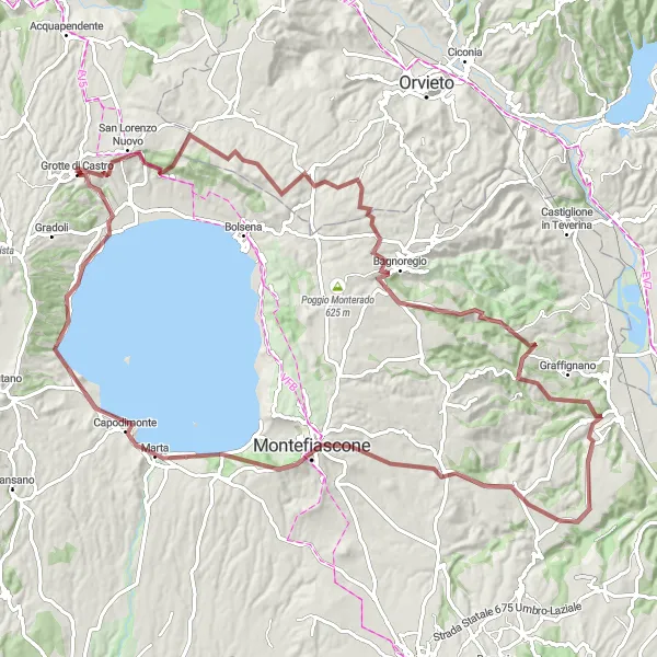 Map miniature of "From Hills to Lake" cycling inspiration in Lazio, Italy. Generated by Tarmacs.app cycling route planner