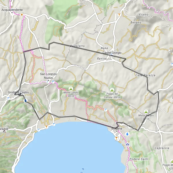 Miniatura della mappa di ispirazione al ciclismo "Grotte di Castro - Monte Panaro" nella regione di Lazio, Italy. Generata da Tarmacs.app, pianificatore di rotte ciclistiche