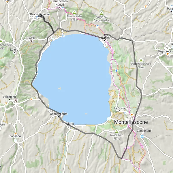 Miniatura della mappa di ispirazione al ciclismo "Grotte di Castro - Borgo dei Pescatori" nella regione di Lazio, Italy. Generata da Tarmacs.app, pianificatore di rotte ciclistiche