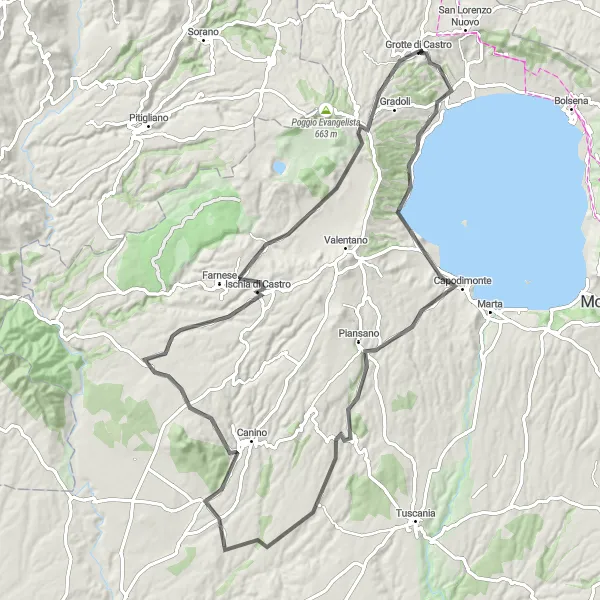 Miniatura della mappa di ispirazione al ciclismo "Grotte di Castro - Poggio Laterno Road Ride" nella regione di Lazio, Italy. Generata da Tarmacs.app, pianificatore di rotte ciclistiche