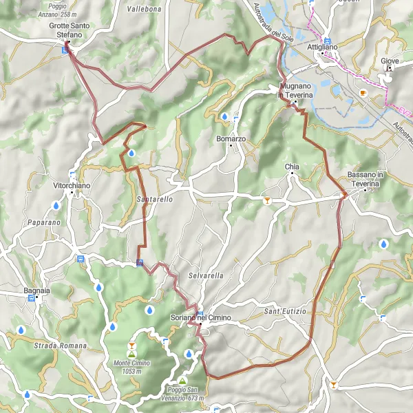 Miniatura della mappa di ispirazione al ciclismo "Grotte Santo Stefano Gravel Adventure" nella regione di Lazio, Italy. Generata da Tarmacs.app, pianificatore di rotte ciclistiche