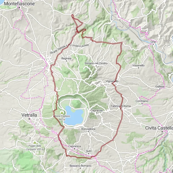 Map miniature of "From Waterfalls to Ancient Charms: Unravel the Wonders of Grotte Santo Stefano" cycling inspiration in Lazio, Italy. Generated by Tarmacs.app cycling route planner