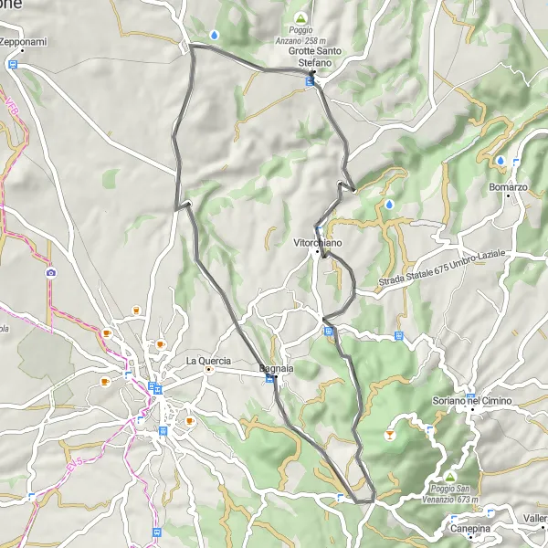 Map miniature of "Discover the Enchanting Landscapes and Hidden Gems near Grotte Santo Stefano" cycling inspiration in Lazio, Italy. Generated by Tarmacs.app cycling route planner