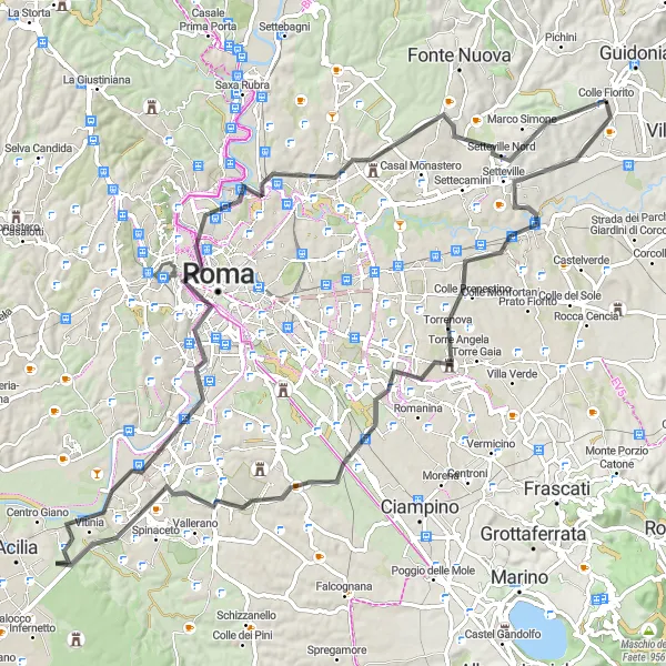 Map miniature of "Torrenova - Cinecittà - Mostacciano - Isola Tiberina - Rome - Catacomb of Priscilla - Marco Simone" cycling inspiration in Lazio, Italy. Generated by Tarmacs.app cycling route planner