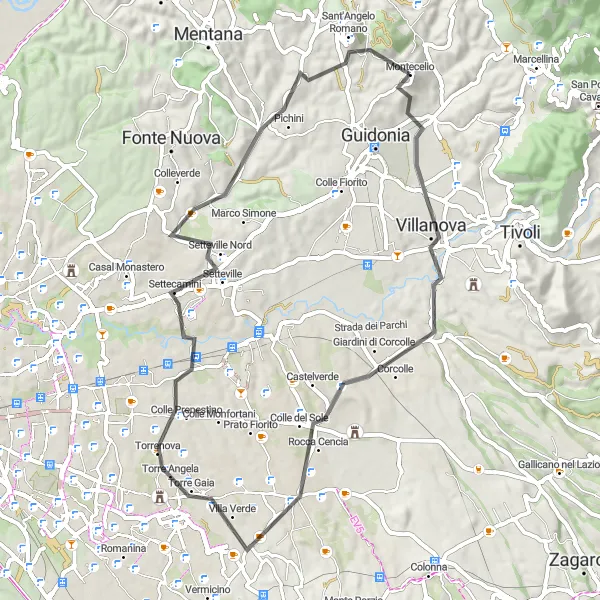 Map miniature of "Villanova - Torrenova - Setteville - Sant'Angelo Romano - Poggio Cesi" cycling inspiration in Lazio, Italy. Generated by Tarmacs.app cycling route planner
