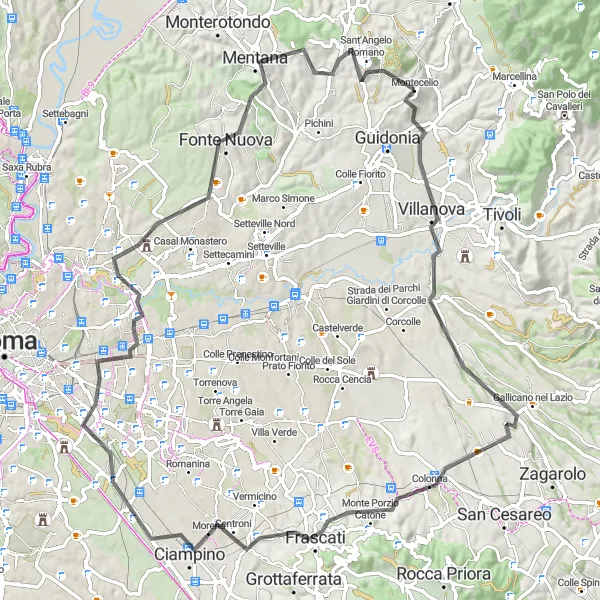 Miniatura della mappa di ispirazione al ciclismo "Tour delle Basiliche Romane" nella regione di Lazio, Italy. Generata da Tarmacs.app, pianificatore di rotte ciclistiche