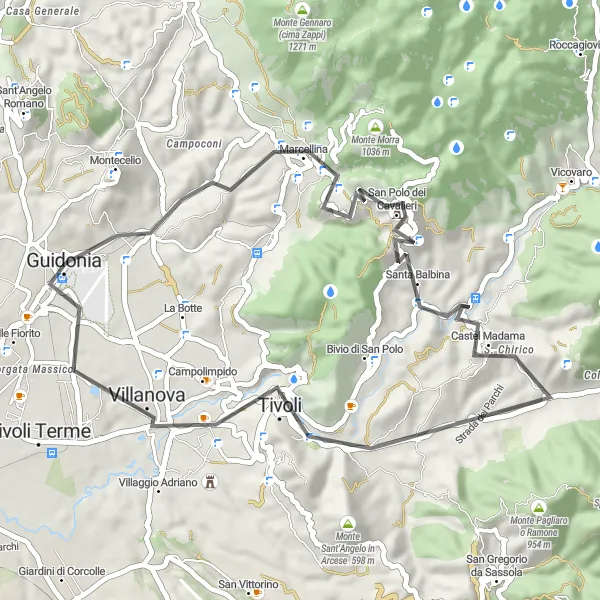 Miniatura della mappa di ispirazione al ciclismo "Giro in bicicletta alla scoperta di Castel Madama e Tivoli" nella regione di Lazio, Italy. Generata da Tarmacs.app, pianificatore di rotte ciclistiche