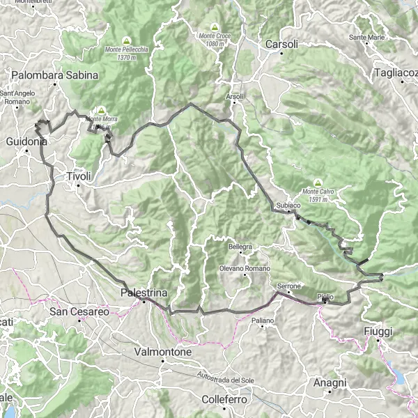 Miniatura della mappa di ispirazione al ciclismo "Giro in bicicletta attraverso le colline di Marcellina e Subiaco" nella regione di Lazio, Italy. Generata da Tarmacs.app, pianificatore di rotte ciclistiche